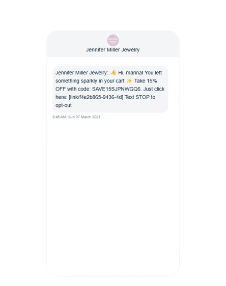 Jennifer Miller Jewelry, abandoned Cart SMS message example