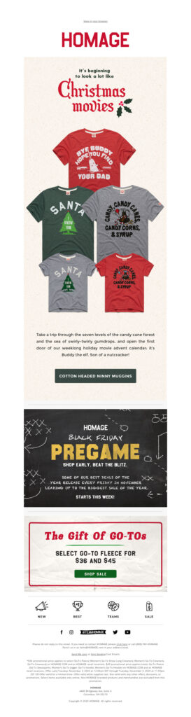 Homage Christmas email marketing with fun CTA