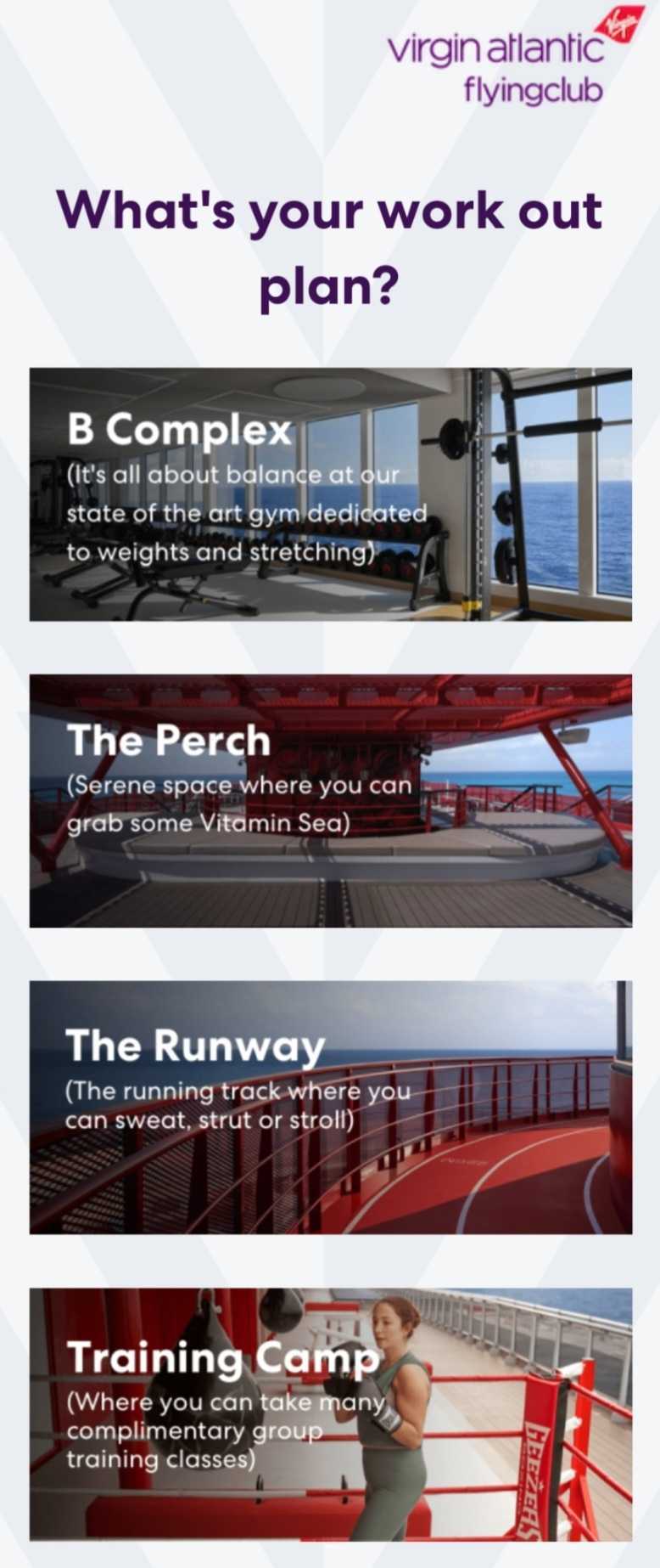 Email of Virgin quiz highlighting gym facilities onboard 