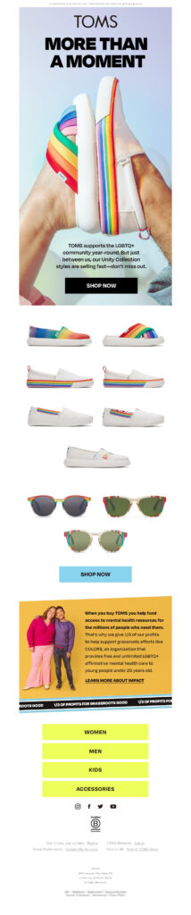 Email campaign from Toms for pride