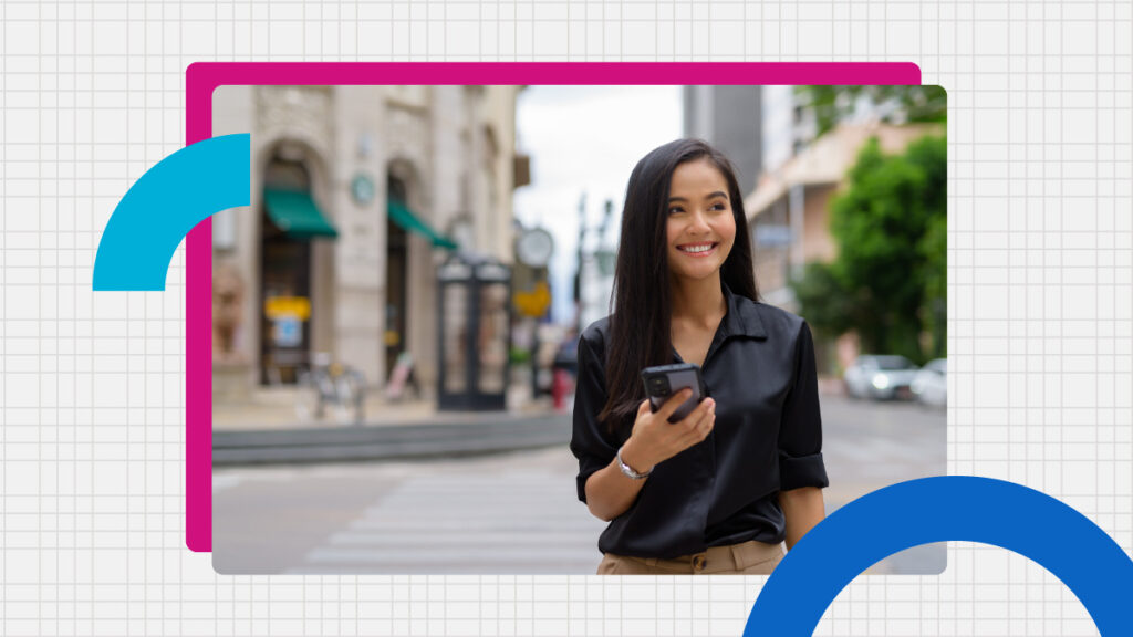 Smiling woman with mobile phone, happy and loyal customer