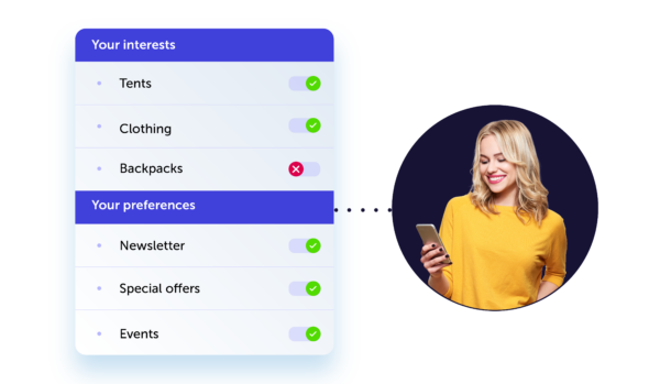 a UI display of a customer's product interests and contact preferences.