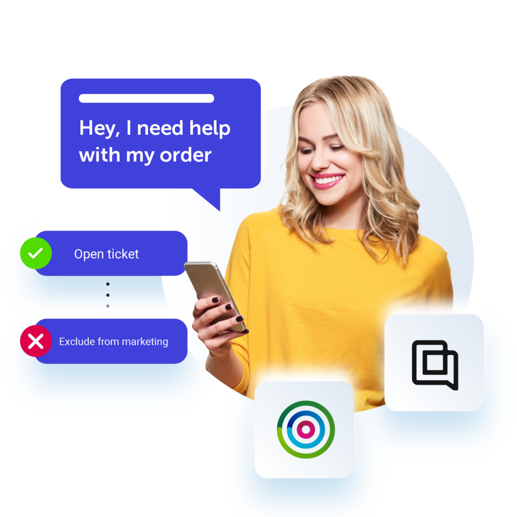 Image showing a customer with a speech bubble saying 'hey, I need help with my order' the image also has overlayed text saying  'open ticket' and 'exclude from marketing' 