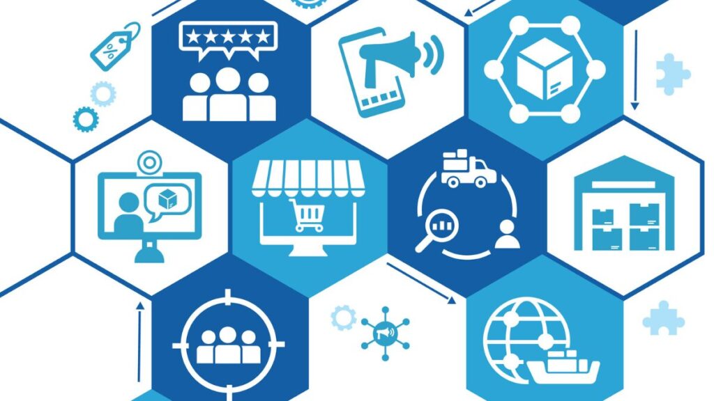 Digital marketing icon set containing SEO, content, website, social media, sales and online advertising