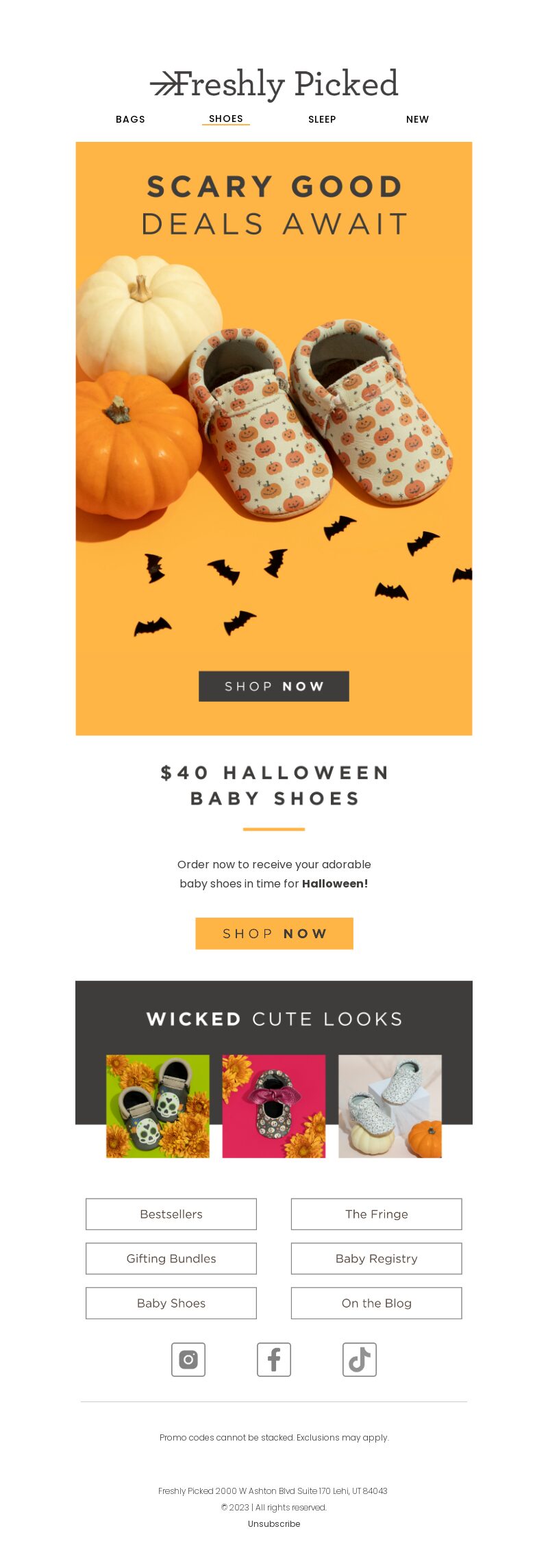 Freshly Picked, email marketing campaign featuring Halloween baby shoes.