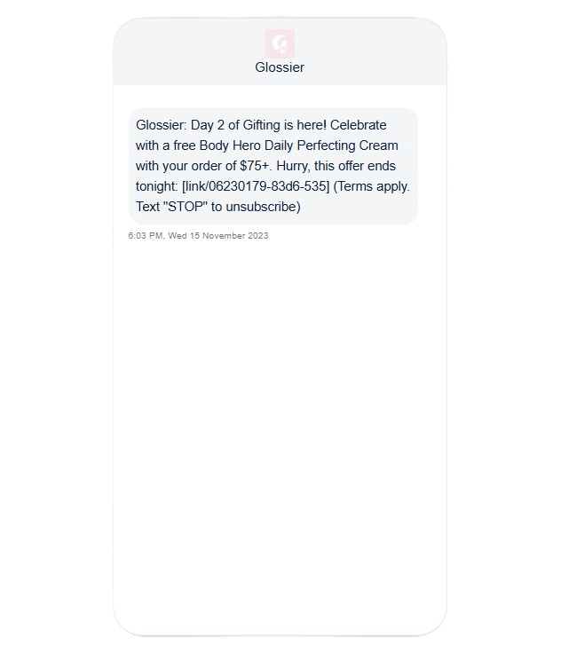 Glossier, exclusive offer SMS message. 