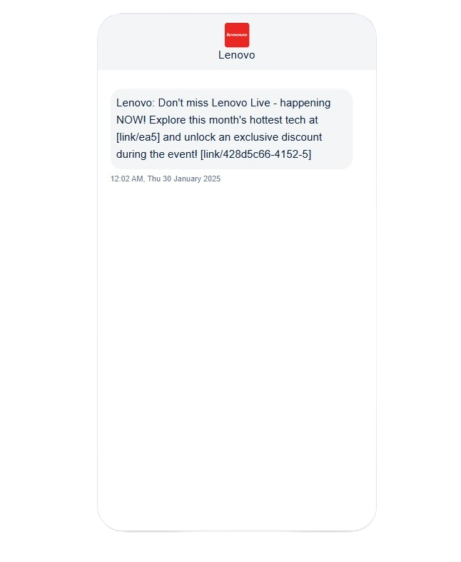 Lenovo event reminder SMS message.