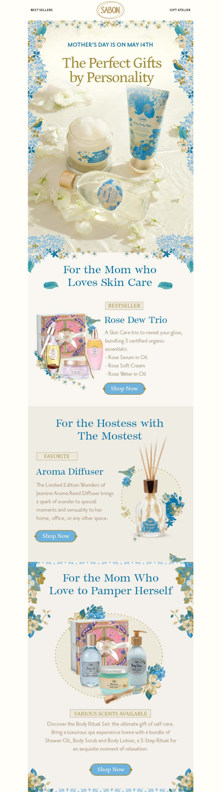 Sabon, Mother’s day gift guide promotional email.