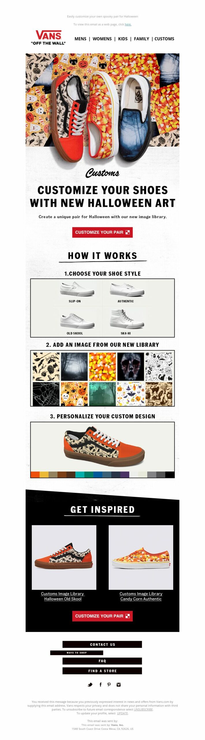 Vans, email marketing campaign featuring custom-designed shoes with a Halloween theme.