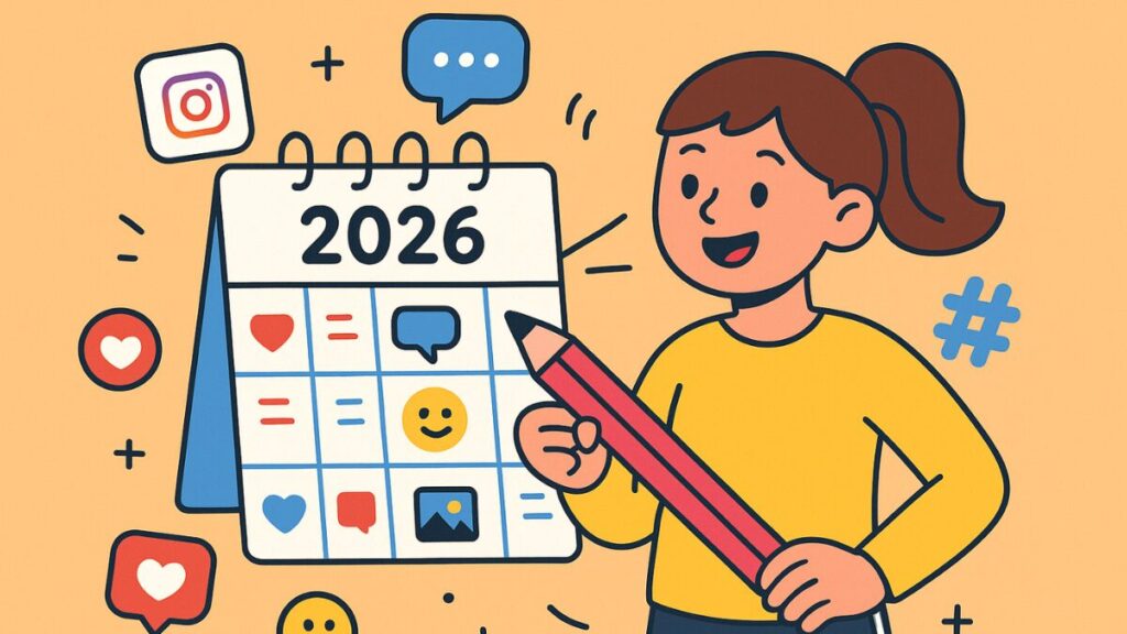 A colorful cartoon of a girl holding a pencil, pointing at a 2026 calendar, surrounded by various social media icons.