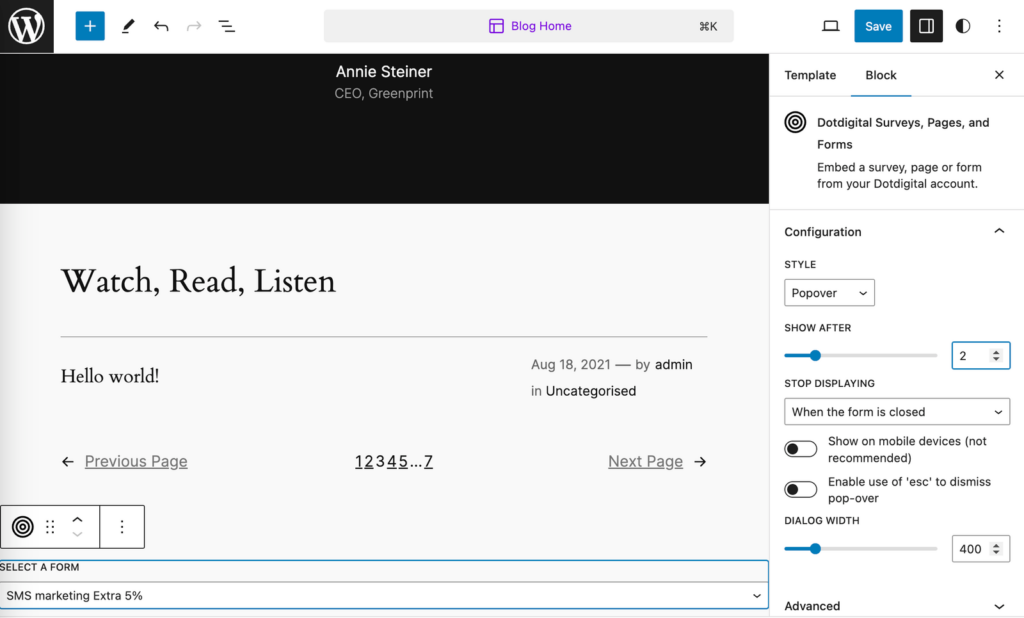 WordPress user view. Dotdigital surveys, landing pages and forms used as popovers.