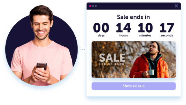 A user interface example featuring a man on a mobile looking a countdown timer set up in the Dotdigital platform