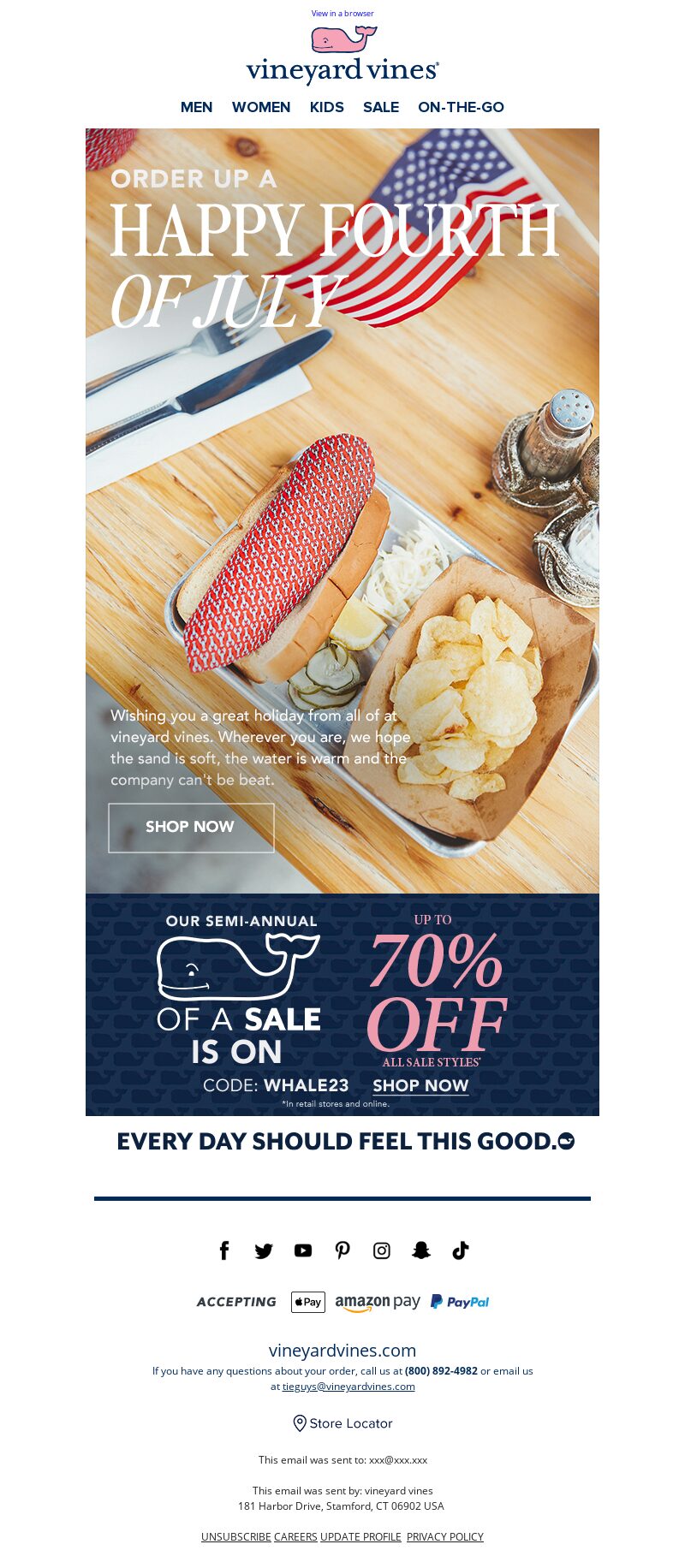 Vineyard Vines, 4th July email marketing campaign - social media calendar. 