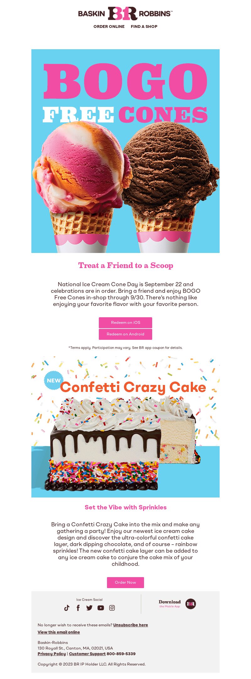 Baskin-Robbins, National Ice Cream Cone Day email marketing campaign.