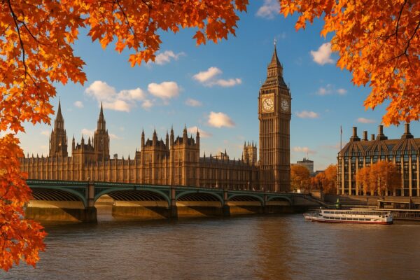 View of the houses of Parliament and Big Ben in London during fall