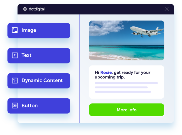 Shows a designed image of an emai build, with options to add image, text, dynamic content, button