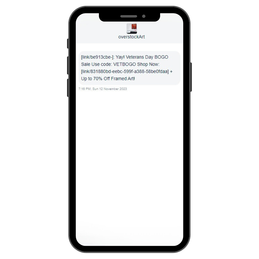Overstock Art, Veterans Day SMS marketing campaign