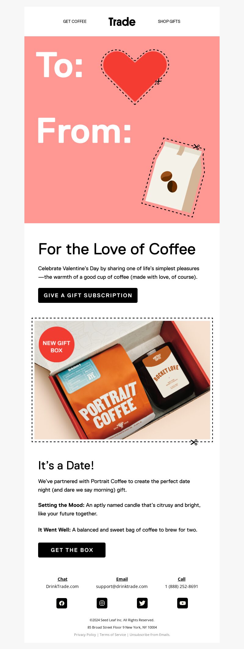 Trade Coffee, Valentine’s Day, email campaign. 