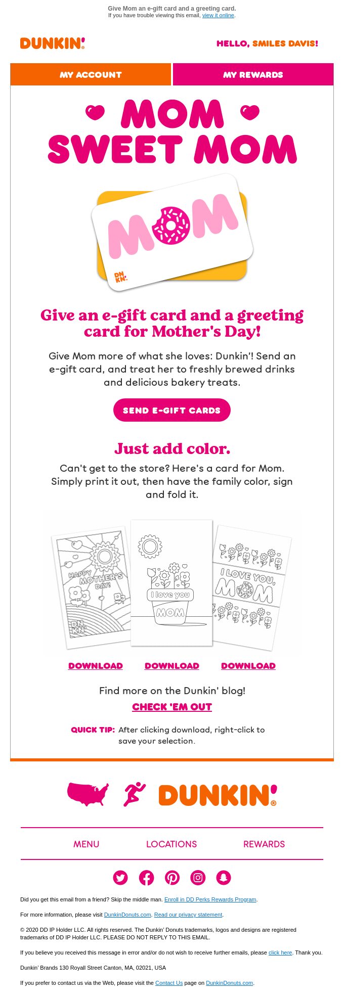 Dunkin Donuts Mother’s Day email marketing campaign. 