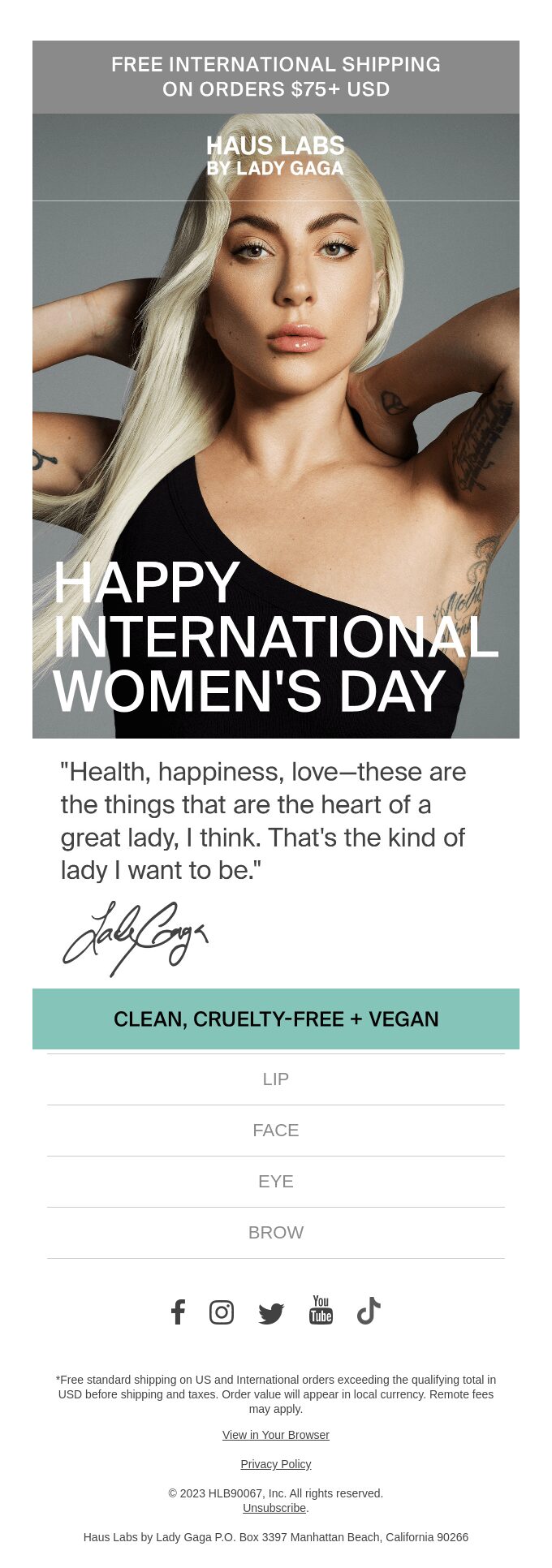 Haus Labs by Lady Gaga, International Women’s Day email marketing campaign. 