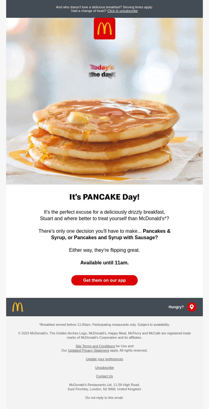 McDonald’s Shrove Tuesday email marketing campaign. 