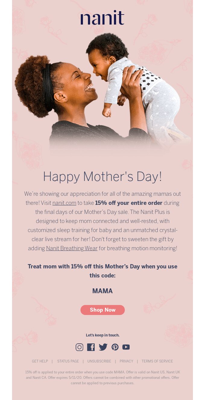 Nanit Mother’s Day email marketing campaign. 