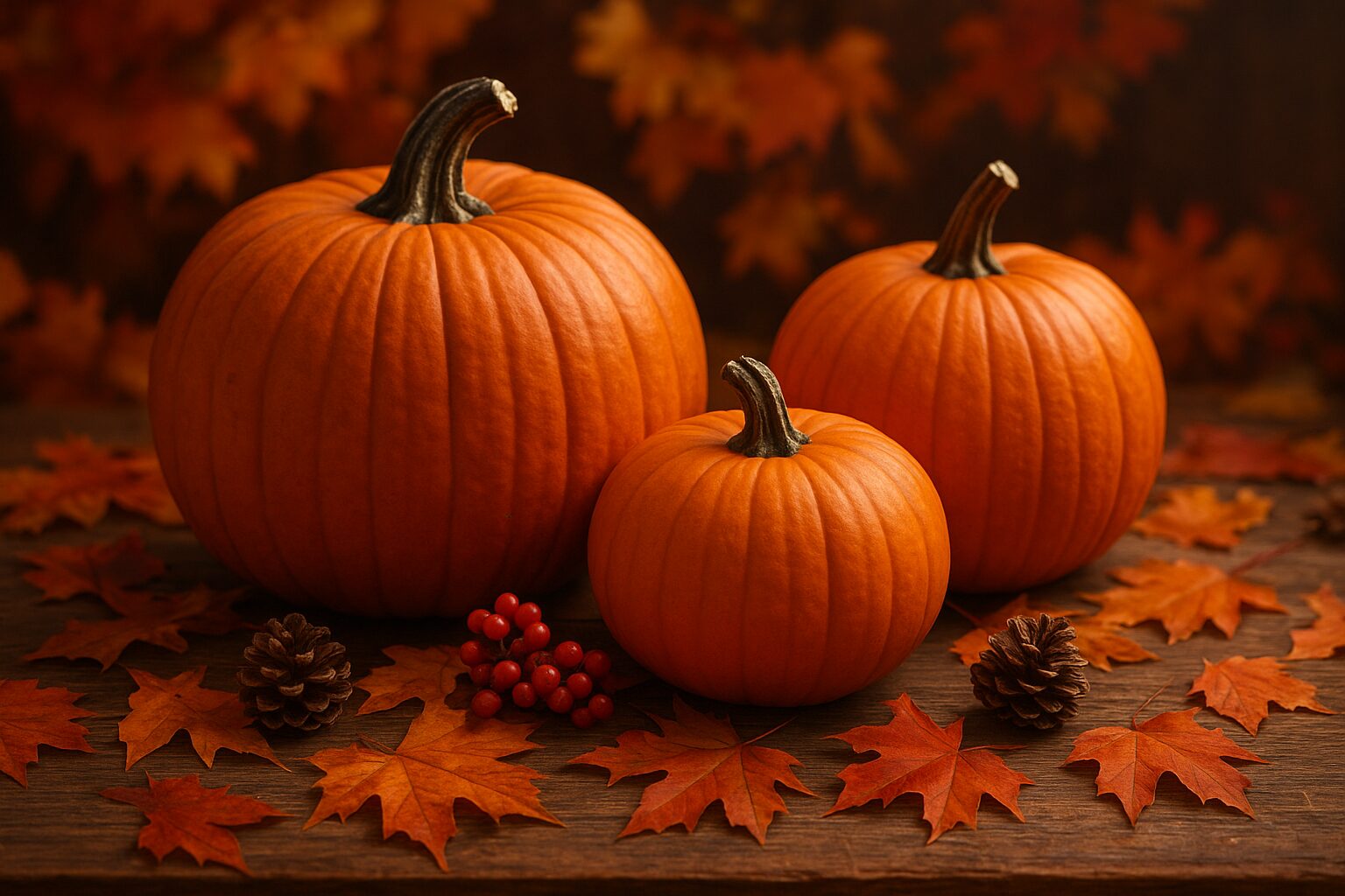 Tthree orange pumpkins on a wooden surface, surrounded by pinecones, red berries, and fall leaves