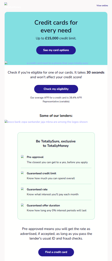 The same email with images turned off to show the background colours