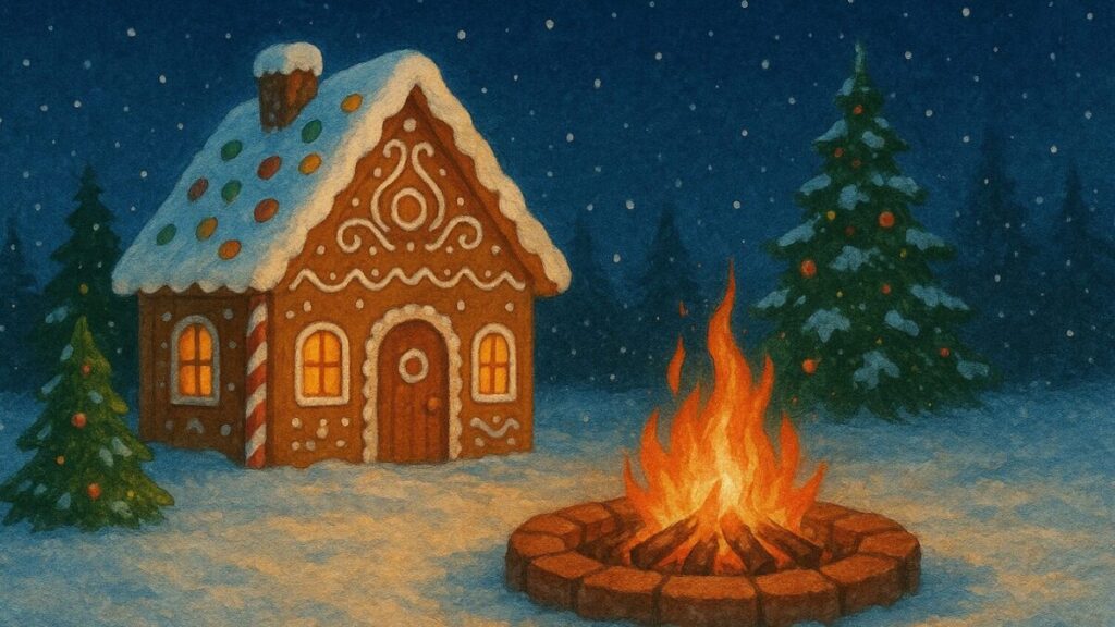 A Gingerbread house with a fire pit and Christmas tree’s in a snowy night.