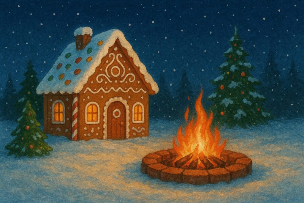 A Gingerbread house with a fire pit and Christmas tree’s in a snowy night.