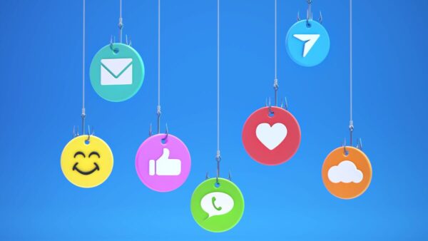 Various vibrant icons with fishing hooks representing social media interactions are suspended against a bright blue background