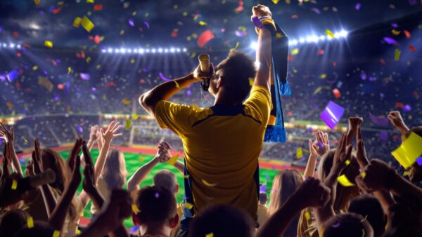 A fan celebrating in a vibrant stadium stock photo