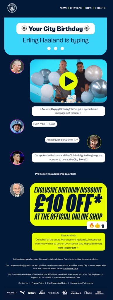 Man City Birthday automation email example 