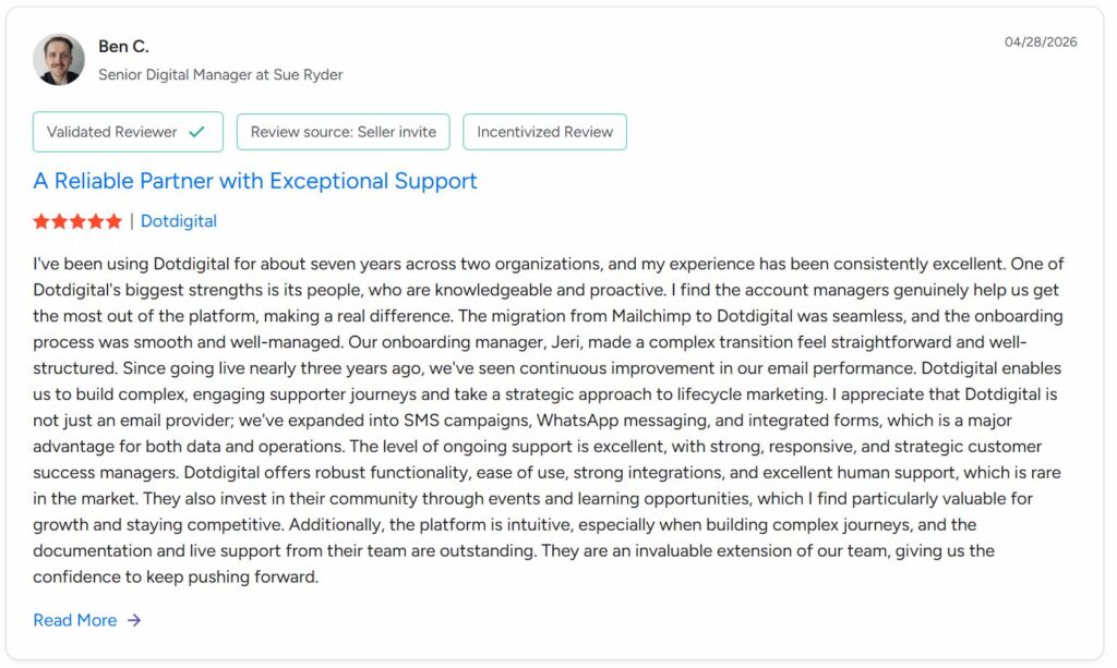 Review of Dotdigital including mentions of Customer Success teams 