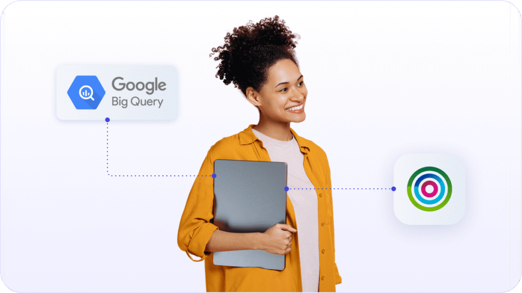 Female marketer holding laptop with BigQuery logo