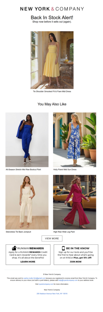 NY&C email automation example for Back in stock emails 