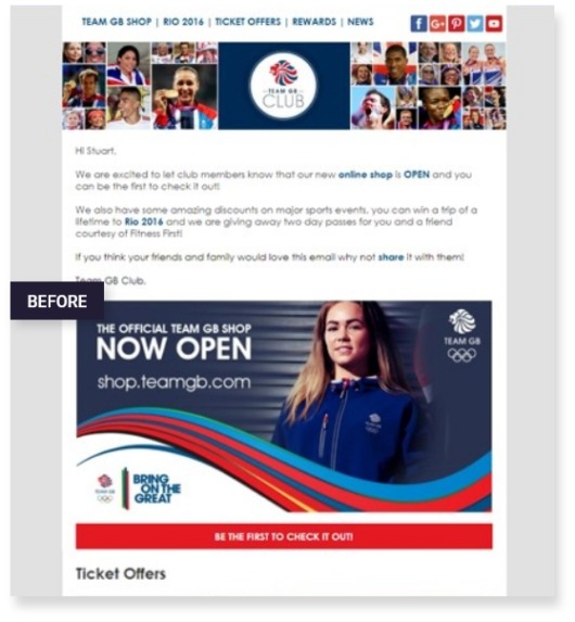 Team GB promotional email example - before | dotdigital