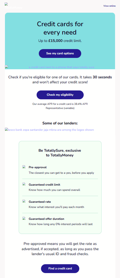The same email with images turned off to show the background colours