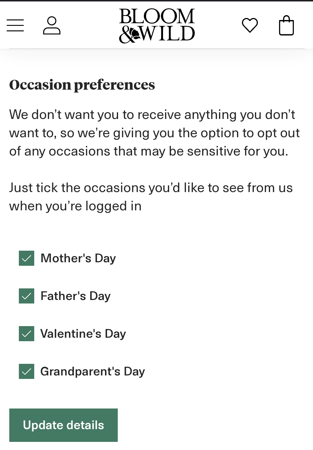 Example from Bloom & Wild with sensitive options to update seasonal preferences 
