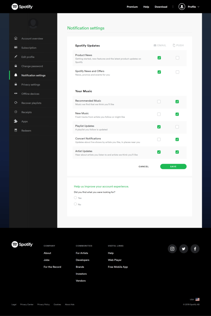 Spotify, preference centre.