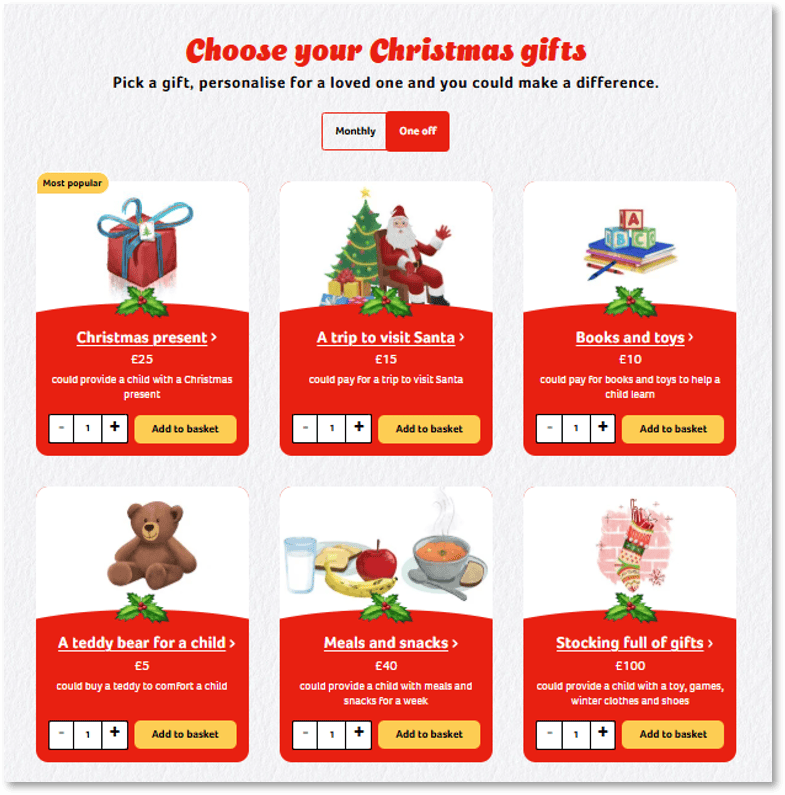 Action for Children's Secret Santa gift selection page