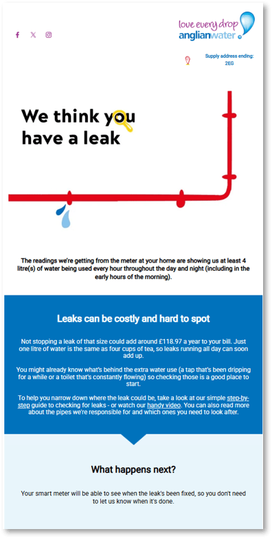 Anglian Water's leak alert email