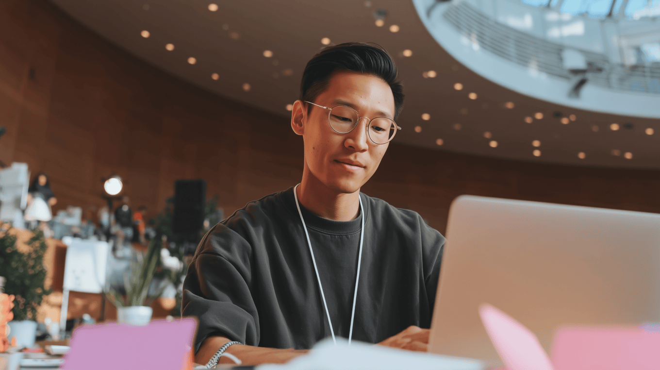 Asian man reviewing campaign performance on laptop