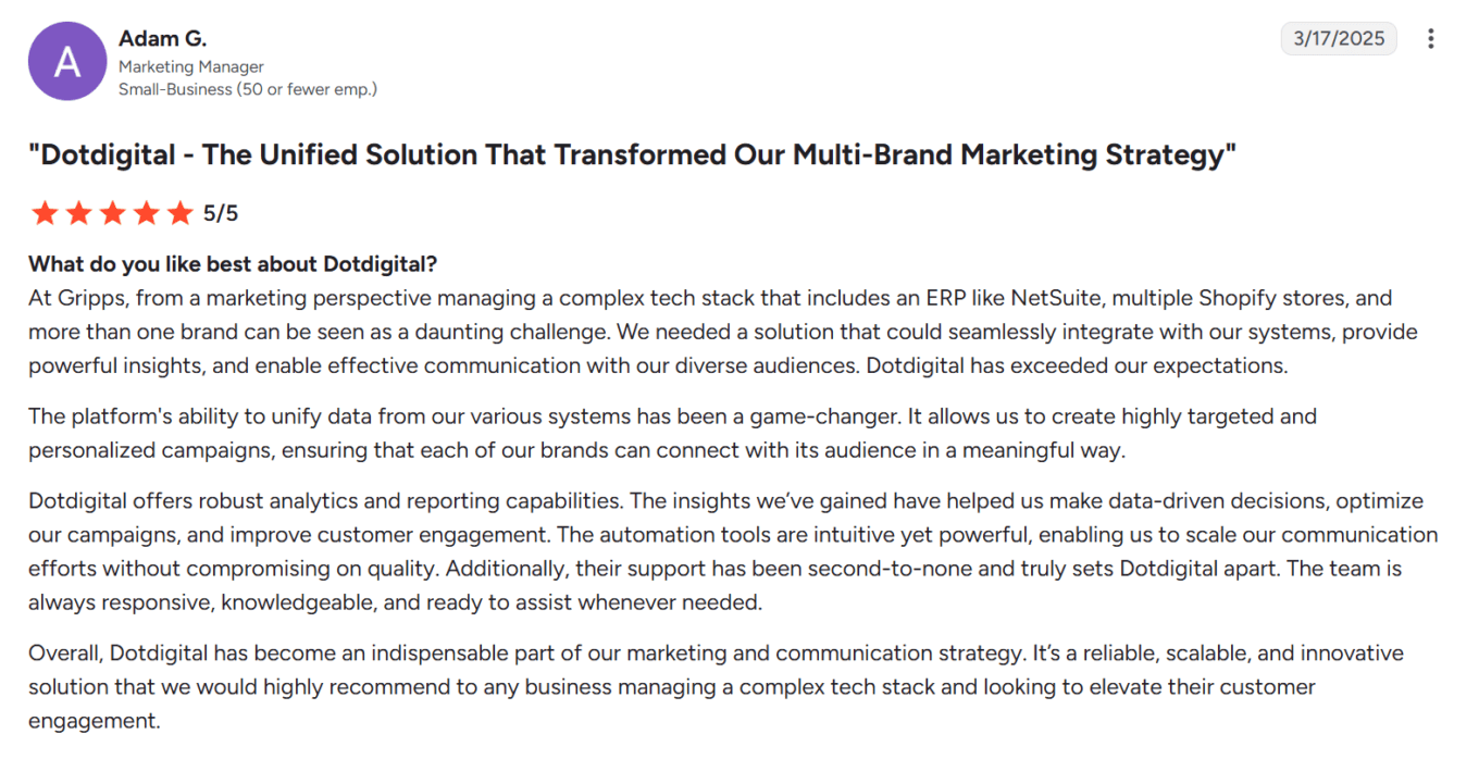 G2 review of customer using Dotdigital and Shopify integration