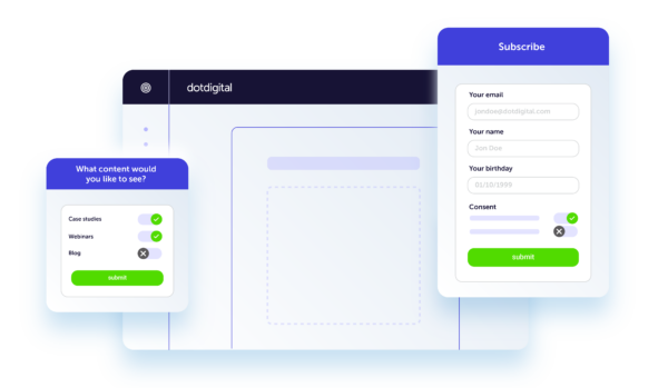 UI dashboard featuring customer preferences and a subscribe for with customisable fields.