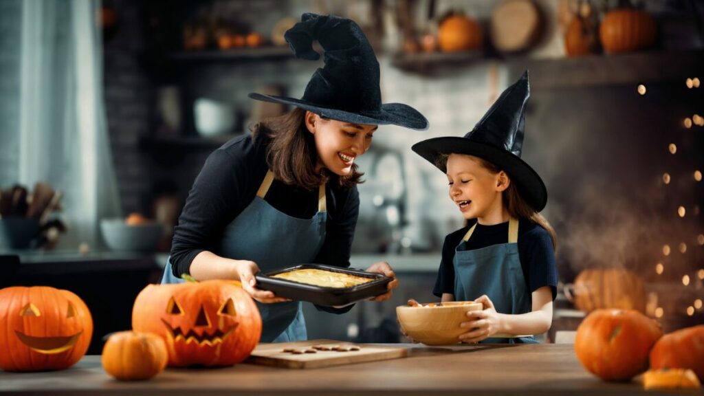 Mother and child baking Halloween themed goods - October 2024 social media calendar.